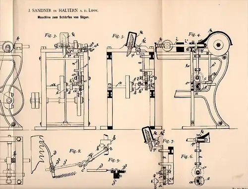 Original Patentschrift - J. Sandner in Haltern a.d. Lippe ,1892, Maschine zum Schärfen von Sägen , Tischlerei , Sägewerk