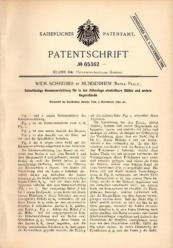 Original Patentschrift - W. Schreiber in Mundenheim b. Ludwigshafen a. Rhein , 1891 , einstellbare Stühle , Möbel !!!
