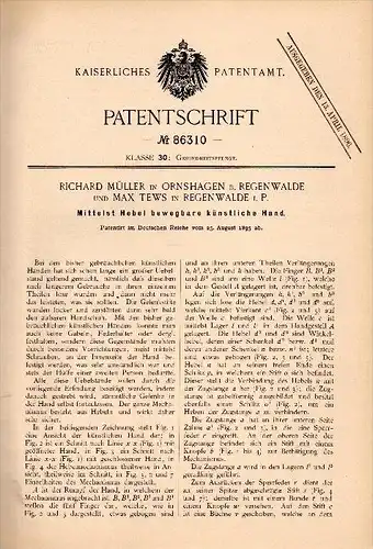 Original Patentschrift -R. Müller in Ornshagen b. Regenwalde / Resko , 1895 , künstliche Hand , Prothese , Max Tews !!!