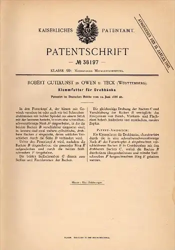 Original Patentschrift - Robert Gutekunst in Owen u. Teck , 1886 , Klemmfutter für Drehbank , Dreherei , Tischlerei !!!