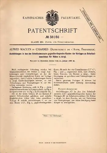 Original Patentschrift - Alfred Maguin dans Charmes , Aisne , 1886 , Couteaux pour les betteraves , l'agriculture !!!