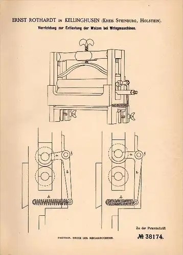 Original Patentschrift - Ernst Rothardt in Kellinghusen i. Holstein , 1886 , Apparat für Wringmaschinen , Wäscherei !!!