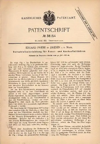 Original Patentschrift - Eduard Priebe in Driesen / Drezdenko  i.d. Mark , 1886 , Heizung - Verschluß , Heizungsbau !!!