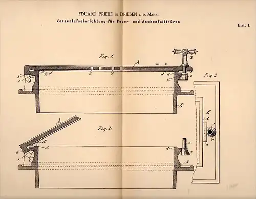 Original Patentschrift - Eduard Priebe in Driesen / Drezdenko  i.d. Mark , 1886 , Heizung - Verschluß , Heizungsbau !!!