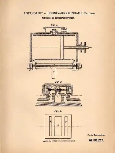 Original Patentschrift - J. Standaert in Beernem - Bloemendaele , 1886 , Steuerung für Dampfmaschine !!!