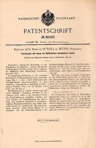 Original Patentschrift - Lita Freiin zu Putlitz in Retzin / Groß Pankow , 1895 , Federkasten mit Reißschiene , Lineal !!