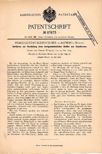 Original Patentschrift - F.G. Kleinsteuber in Arzberg i. Bayern , 1895, Herstellung von Hartgummistoff , Wunsiedel !!!