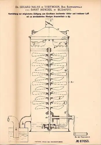 Original Patentschrift - Dr. Eduard Nauss in Todtmoos , 1895 , Apparat für Luft und Arzneimittel - Zerstäubung , Arzt !!