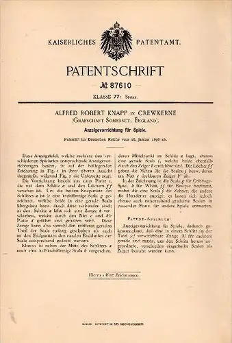 Original Patentschrift - Alfred Robert Knapp in Crewkerne , 1896 , Display apparatus for games , sport !!!