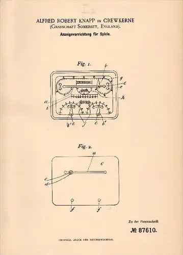 Original Patentschrift - Alfred Robert Knapp in Crewkerne , 1896 , Display apparatus for games , sport !!!