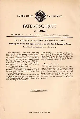 Original Patentschrift - Max Reitzes und J. Hofbauer in Wien , 1898 , Befestigung von Sensen , Sense , Landwirtschaft !!