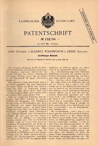 Original Patentschrift - John Poyser in Bolehill Wirksworth b. Derby , 1898 , two-piece reed, weaving !!!