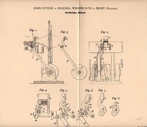 Original Patentschrift - John Poyser in Bolehill Wirksworth b. Derby , 1898 , two-piece reed, weaving !!!