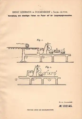 Original Patentschrift - Ernst Lehmann in Fockendorf b. Pleißenaue , 1897 , Färben mit Langsiebpapiermaschine , Papier !