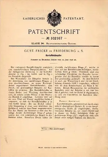 Original Patentschrift - Gustav Fricke in Friedeburg a. Saale , 1898 , Kartoffeldämpfer , Landwirtschaft , Agrar !!!