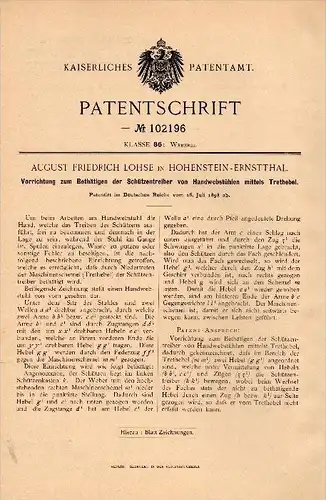 Original Patentschrift - E.A. Lohse in Hohenstein Ernstthal , 1898 , Apparat für Webstuhl , Weberei , Weber !!!