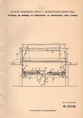 Original Patentschrift - E.A. Lohse in Hohenstein Ernstthal , 1898 , Apparat für Webstuhl , Weberei , Weber !!!