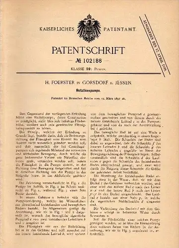 Original Patentschrift - H. Foerster in Gorsdorf b. Jessen , 1897 , Rotationspumpe , Pumpe , Halle a.S.!!!