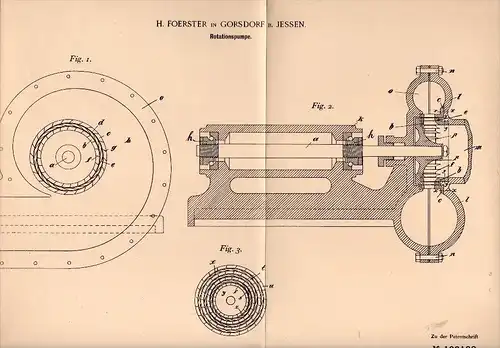 Original Patentschrift - H. Foerster in Gorsdorf b. Jessen , 1897 , Rotationspumpe , Pumpe , Halle a.S.!!!