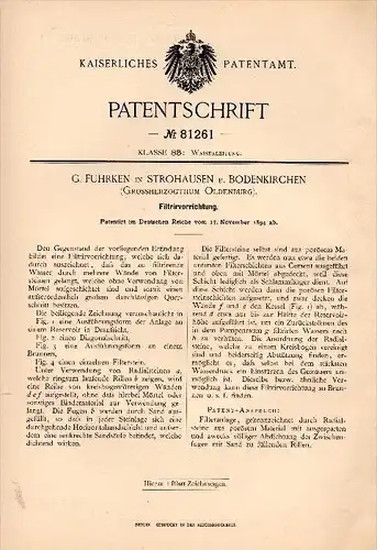 Original Patentschrift - G. Fuhrken in Strohausen b. Bodenkirchen , 1894 , Filter - Vorrichtung , Wasser , Oldenburg !!!