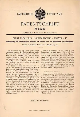 Original Patentschrift - Ernst Bremecker in Schöneberge b. Halver i.W. , 1894 , Apparat für Fallhammer , Metallbau !!!