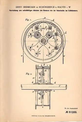 Original Patentschrift - Ernst Bremecker in Schöneberge b. Halver i.W. , 1894 , Apparat für Fallhammer , Metallbau !!!