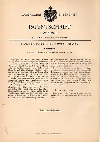 Original Patentschrift - Richard Koss in Sassnitz i. Mecklenburg , 1894 , Kerzenhalter , Kerzen , Beleuchtung , Rügen !!