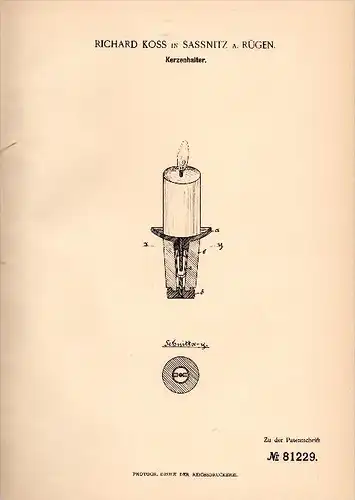 Original Patentschrift - Richard Koss in Sassnitz i. Mecklenburg , 1894 , Kerzenhalter , Kerzen , Beleuchtung , Rügen !!
