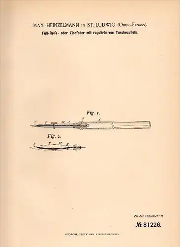 Original Patentschrift - Max Heinzelmann dans Sankt Ludwig / Saint Louis i. Elsass , 1894 , stylo réglable !!!