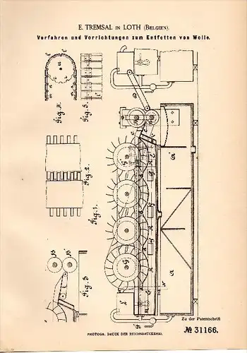 Original Patentschrift -  E. Tremsal in Lot b. Beersel , 1884 , Apparat zum Entfetten von Wolle !!!