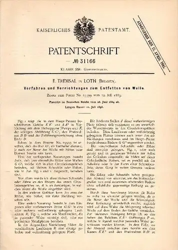 Original Patentschrift -  E. Tremsal in Lot b. Beersel , 1884 , Apparat zum Entfetten von Wolle !!!