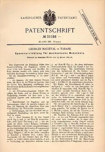 Original Patentschrift - Georges Malleval dans Tarare , Rhone , 1884 , Tendeur de métier à tisser, tissage !!!