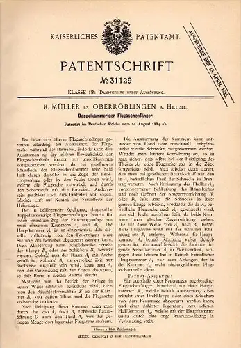 Original Patentschrift - R. Müller in Oberröblingen b. Sangerhausen , 1884 , Fänger für Flugasche , Dampfkessel !!!
