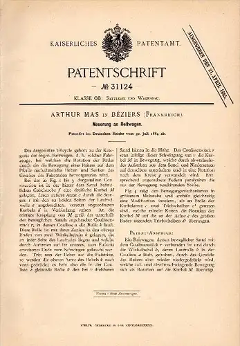 Original Patentschrift - Arthur Mas in Béziers , 1884 , voiture à cheval , moto !!!