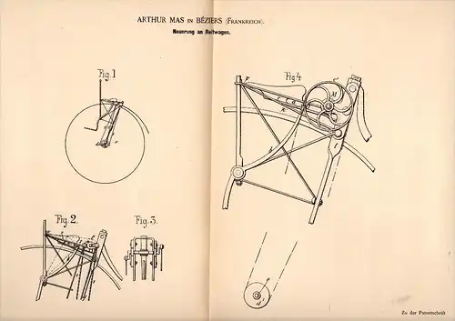Original Patentschrift - Arthur Mas in Béziers , 1884 , voiture à cheval , moto !!!