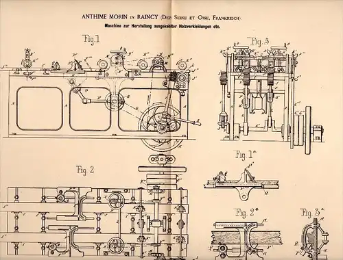 Original Patentschrift - Anthime Morin dans Le Raincy , Seine et Oise , 1884 , Machine pour le bois, la menuiserie !!!