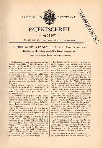 Original Patentschrift - Anthime Morin dans Le Raincy , Seine et Oise , 1884 , Machine pour le bois, la menuiserie !!!