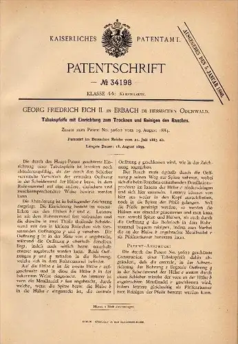 Original Patentschrift - Georg Friedrich Eich II. in Erbach i. Odenwald , 1885 , Tabakspfeife mit Rauchreiniger , Pfeife