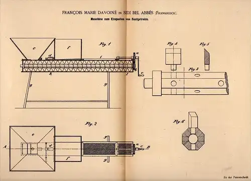 Original Patentschrift - F. Davoiné in Sidi Bel Abbés , 1885 , Machine pour le grain , l'agriculture  !!!