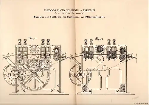 Original Patentschrift -T. Schiefner dans Esonnes ,Seine et Oise 1885,Machine pour fibres de plantes, filature , Corbeil