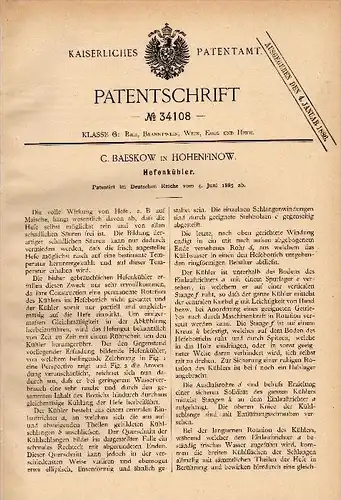 Original Patentschrift - C. Baeskow in Hohenfinow , 1885 , Hefenkühler , Bier , Brauerei , Britz - Chorin - Oderberg !!!