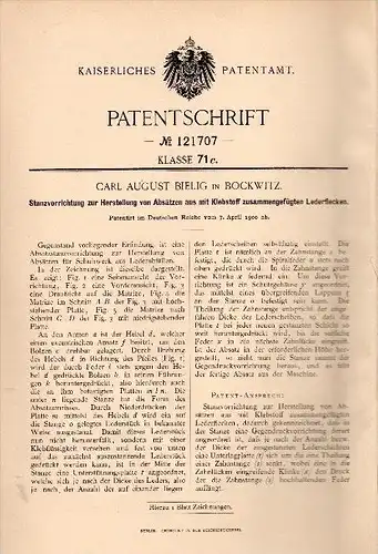 Original Patentschrift - C.A. Bielig in Bockwitz b. Colditz i.Sa., 1900, Stanzapparat für Absätze , Schuhe , Schuhmacher