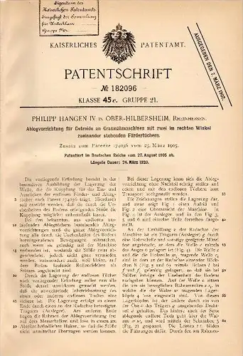 Original Patentschrift- Philipp Hangen IV in Ober Hilbersheim ,1905, Apparat für Mähmaschine , Getreide , Landwirtschaft