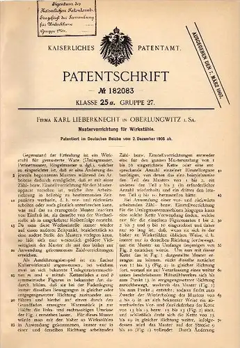Original Patentschrift - Karl Lieberknecht in Oberlungwitz i.Sa., 1905 , Mustervorrichtung für Wirkstühle , Weberei !!!