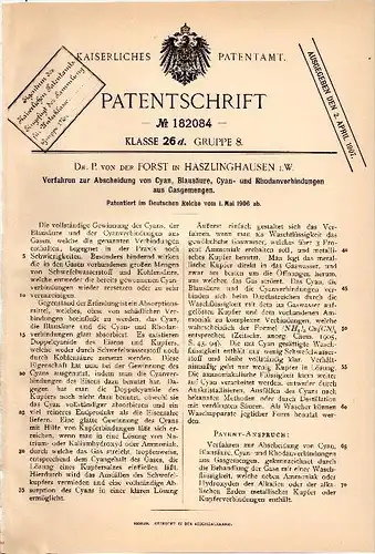 Original Patentschrift - Dr. P. von der Forst in Haßlinghausen b. Sprockhövel i.W. ,1906, Abscheidung von Cyan , Münster