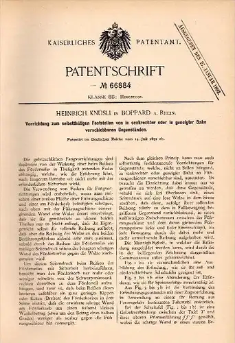 Original Patentschrift - Heinrich Knüsli in Boppard a. Rh., 1892 , Vorrichtung für Hebezeuge , Fahrstuhl , Lift , Kran