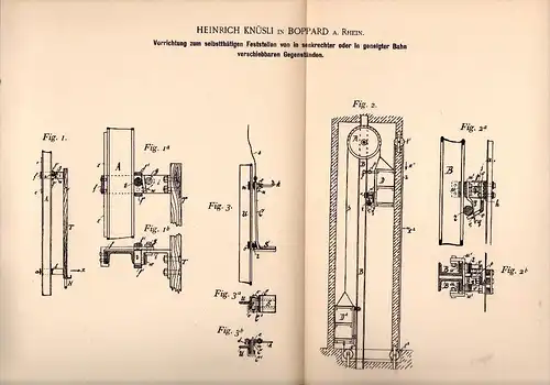 Original Patentschrift - Heinrich Knüsli in Boppard a. Rh., 1892 , Vorrichtung für Hebezeuge , Fahrstuhl , Lift , Kran