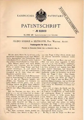 Original Patentschrift -  G. Stiehle in Seltmans b. Weitnau , 1894 , Trockengerüst für Gras , Landwirtschaft , Agrar !