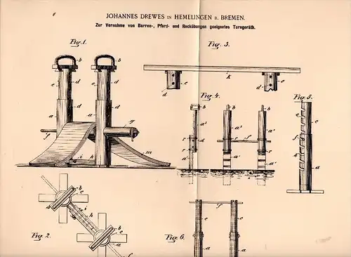 Original Patentschrift - J. Drewes in Hemelingen b. Bremen , 1896 , Turngerät , Reck , Barren , Turnen , Geräteturnen !!