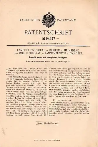 Original Patentschrift - L. Floitgraf in Kempen b. Heinsberg und Gangelt , 1897 , Dreschtrommel mit Schläger , Agrar !!!